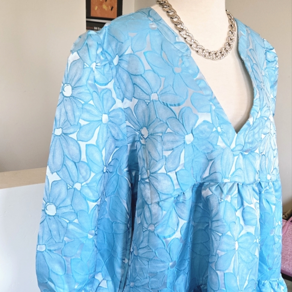 🏷️Tuckernuck Pomander Place Blue Daisy Jacquard Kenzo Tiered Dress XXXL - Picture 8 of 12